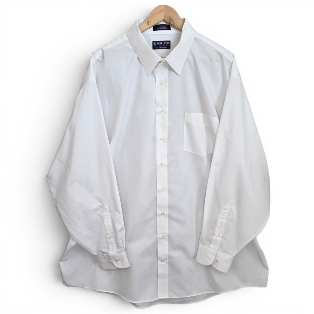 Stafford Dress Shirt Mens 19 36/37 Big Fit White Button Cotton Blend Broadcloth